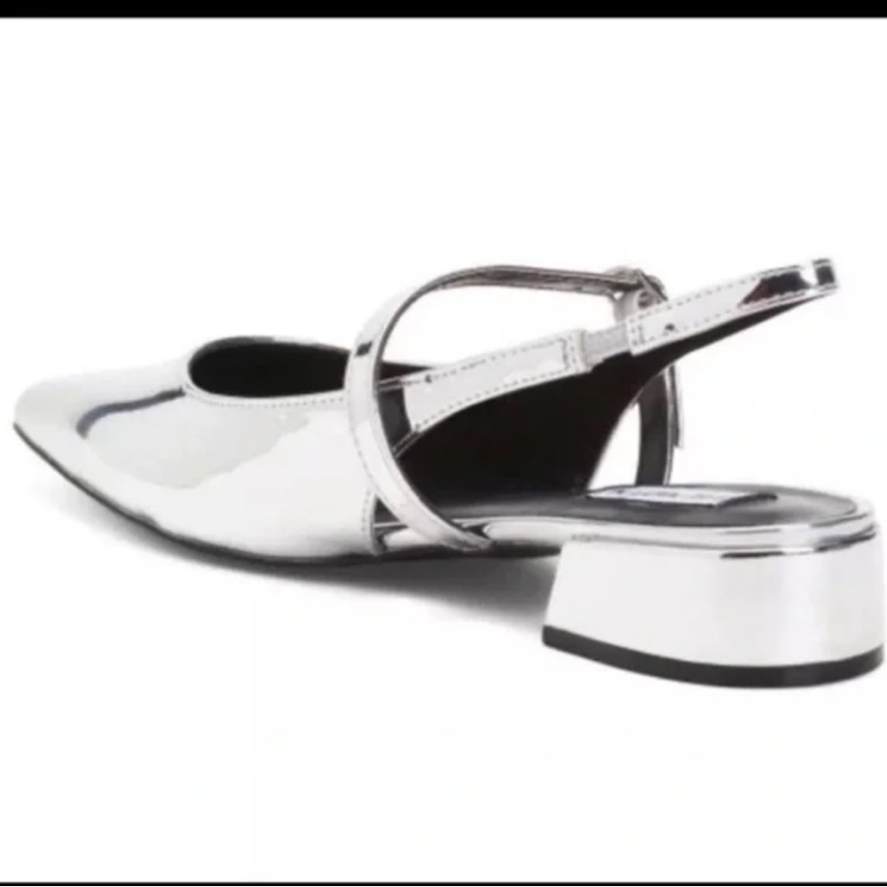 New Steve Madden Anyaa Metallic Silver Mary Jane Flats sling back block heel 7.5 - Picture 2 of 5